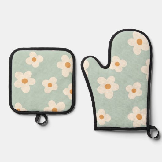 Daisy bloem bloemengroen patroon pastel kleuren ovenwant & pannenlap set (Voorkant)