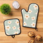 Daisy bloem bloemengroen patroon pastel kleuren ovenwant & pannenlap set (Top down)
