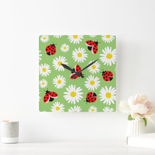 Daisy bloemen en ladyvogels vierkante klok (Huis)