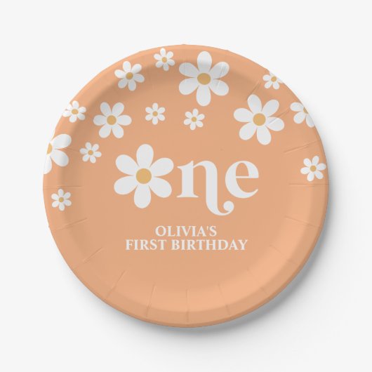 Daisy bloemenabrikoos 1e verjaardag papieren bordje (Voorkant)