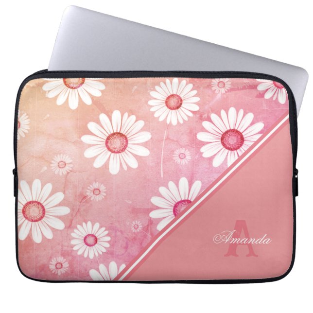 Daisy Blooms: Minimalistisch Bloempatroon Laptop Sleeve (Voorkant)