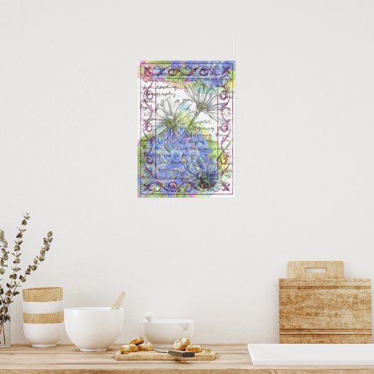 Daisy Blue Hydrangea Waterverf Flowers Poster (Keuken)