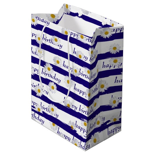 Daisy Blue Stripes Birthday Medium Gift Bag Cadeauzakje (Achterkant Gekanteld)