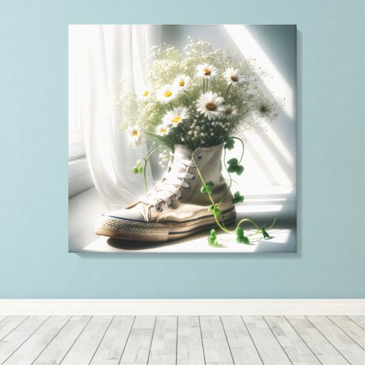 Daisy boeket in een witte sneaker canvas afdruk (Insitu (Houten vloer))