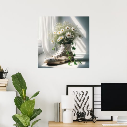 Daisy boeket in een witte sneaker poster (Thuiskantoor)