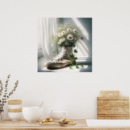 Daisy boeket in een witte sneaker poster (Keuken)
