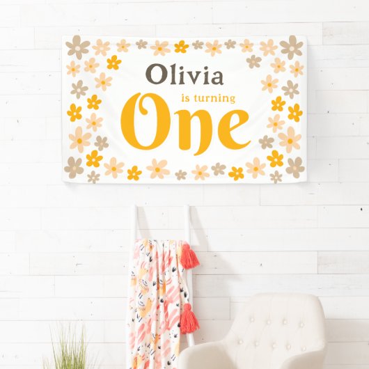 Daisy Boho Bloemen 1e Verjaardagsfeestbanner Spandoek (Insitu)