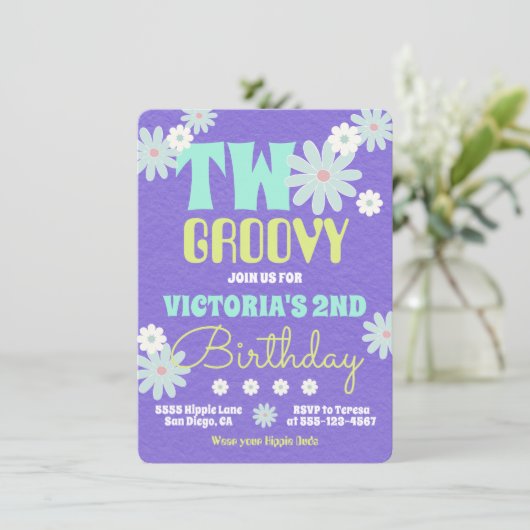 Daisy Boho Groovy Hippie Birthday Party Invitation Kaart (Staand voorkant)