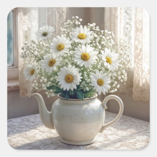 Daisy Bouquet in an Antique Teapot Vierkante Sticker (Voorkant)
