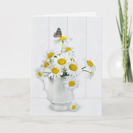 Daisy bouquet met vlinder op witgewassen hout kaart