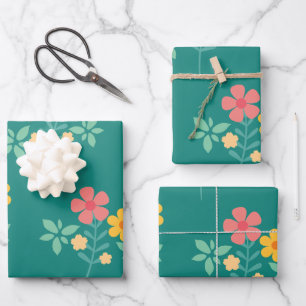 Daisy  Bouquet Pattern in Green Inpakpapier Vel