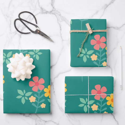 Daisy  Bouquet Pattern in Green Inpakpapier Vel (Voorkant)