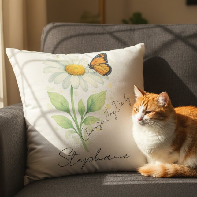 Daisy Butterfly Throw Pillow - Inspirational Decor Kussen (Inspirational Daisy and Monarch Butterfly throw pillow)
