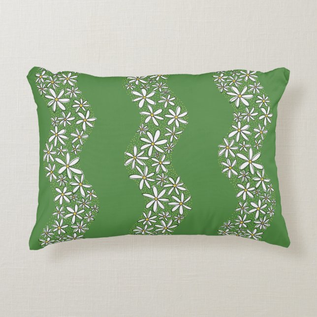Daisy Chain Wiggly Flower Stripes wit groen Accent Kussen (Voorkant)
