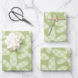 Daisy Check Sage Green Retro Modern Patroon Inpakpapier Vel