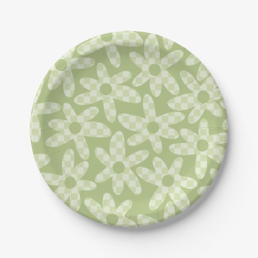 Daisy Check Sage Green Retro Modern Patroon Papieren Bordje (Voorkant)