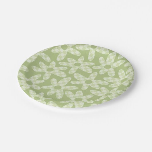Daisy Check Sage Green Retro Modern Patroon Papieren Bordje (Gekanteld)
