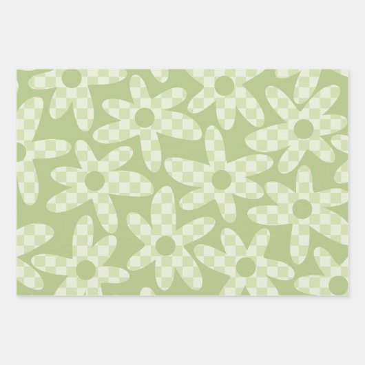 Daisy Check Sage Green Retro Modern Pattern Inpakpapier Vel (Voorkant 3)
