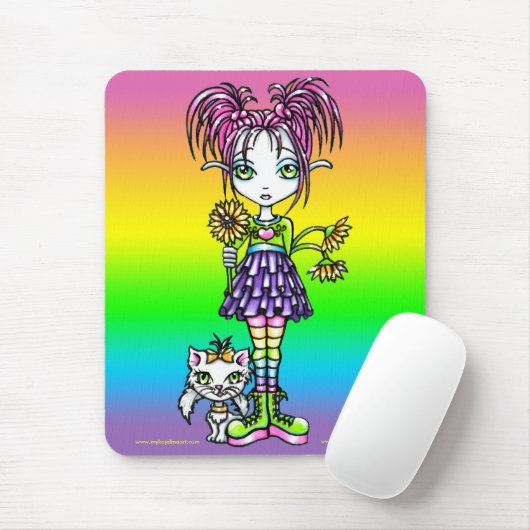 "Daisy" Cute Cat Rainbow Fairy Art Mousepad Muismat (Met muis)