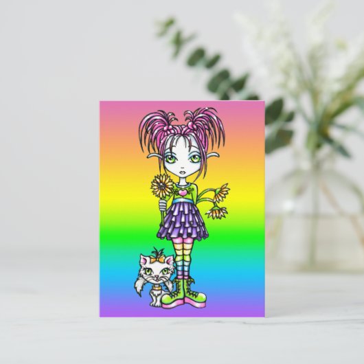 "Daisy" Cute Cat Rainbow Flower Child Briefkaart (Staand voorkant)