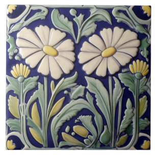 Daisy - Daisy Flower Art Deco Nouveau Groen Blauw Tegeltje