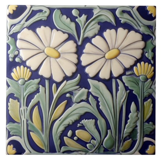 Daisy - Daisy Flower Art Deco Nouveau Groen Blauw Tegeltje (Voorkant)