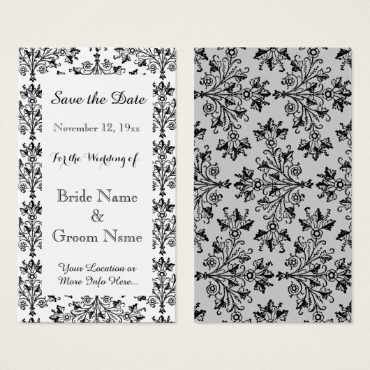 Daisy Damask Black White Custom Save the Date Card Visitekaartje (Voorkant /achterkant)
