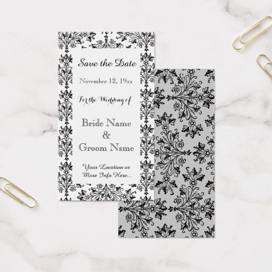 Daisy Damask Black White Custom Save the Date Card Visitekaartje (Kantoor)