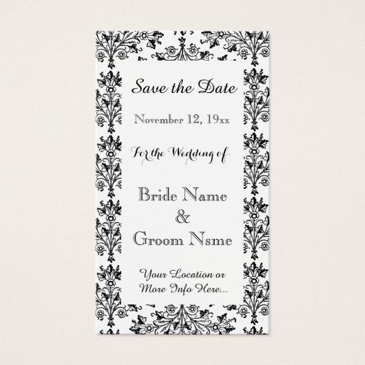 Daisy Damask Black White Custom Save the Date Card Visitekaartje (Voorkant)
