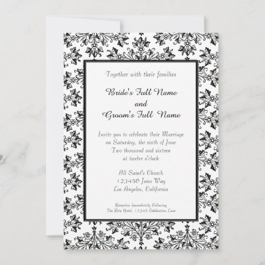 Daisy Damask Black White Custom Wedding Invitation Kaart (Achterkant)