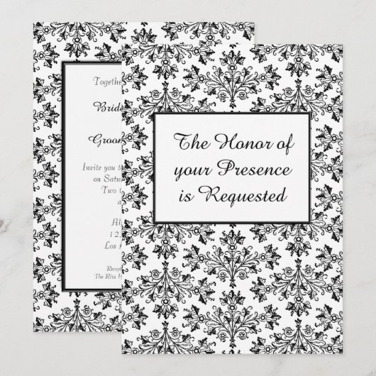 Daisy Damask Black White Custom Wedding Invitation Kaart (Voorkant / Achterkant)