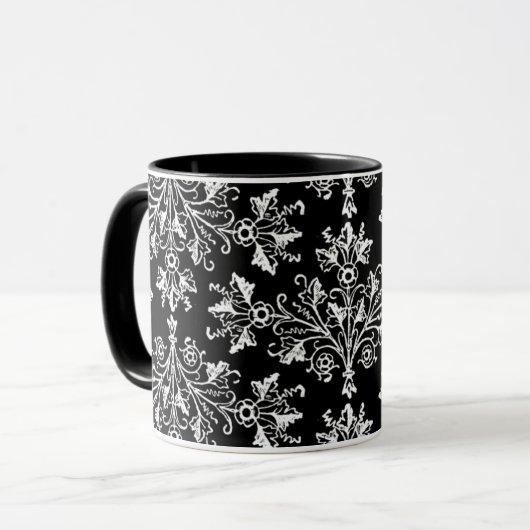 Daisy Damask Etching White op zwarte Mok (Voorkant links)