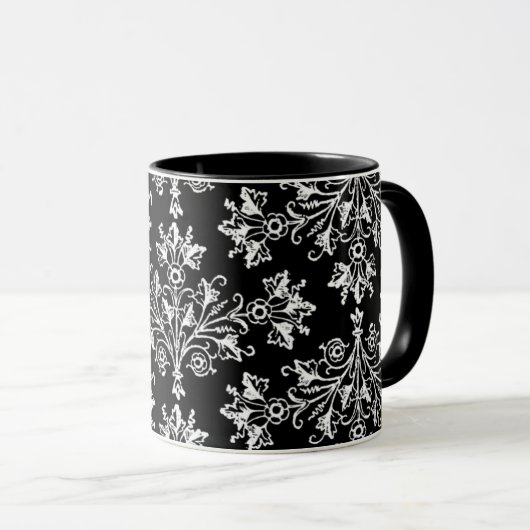 Daisy Damask Etching White op zwarte Mok (Voorkant rechts)