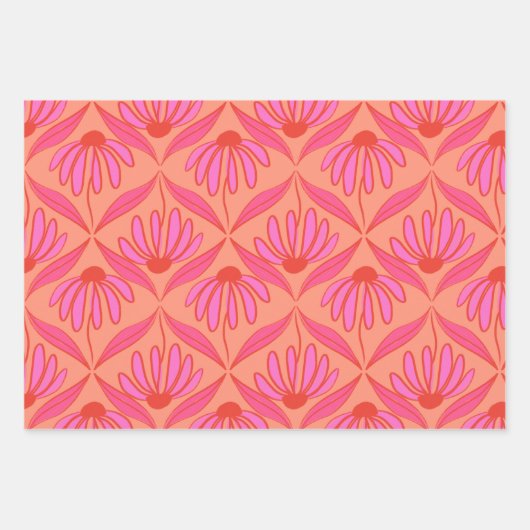Daisy Damask Pattern - Roze en Sinaasappel Inpakpapier Vel (Voorkant)