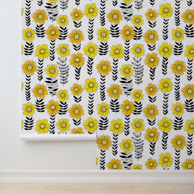 Daisy doodles in geel en zwart behang (Applicatie)