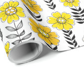 Daisy doodles in geel en zwart cadeaupapier (Rol Hoek)