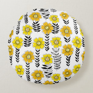 Daisy doodles in geel en zwart rond kussen