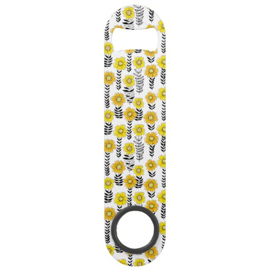 Daisy doodles in geel en zwart speed flessenopener (Achterkant)