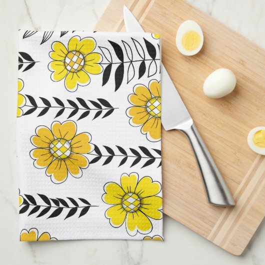 Daisy doodles in geel en zwart theedoek (Quarter Fold)