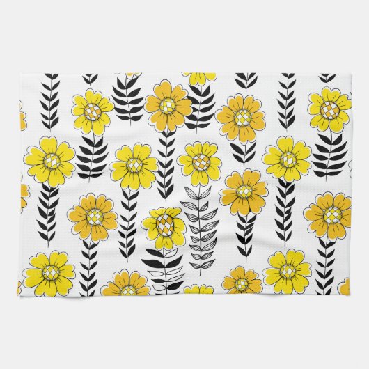 Daisy doodles in geel en zwart theedoek (Horizontaal)
