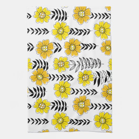 Daisy doodles in geel en zwart theedoek (Verticaal)