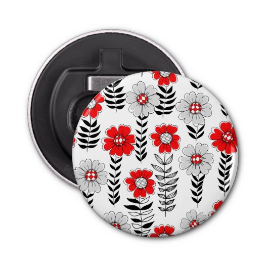 Daisy doodles in rood en zwart button flesopener (Voorkant)