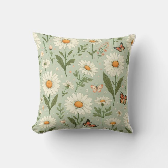 Daisy Dreams – Floral & Butterfly Throw Pillow Kussen (Voorkant)
