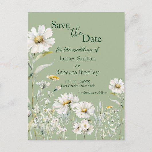 Daisy Earthy Sage & Botanical  Save the Date Briefkaart (Voorkant)