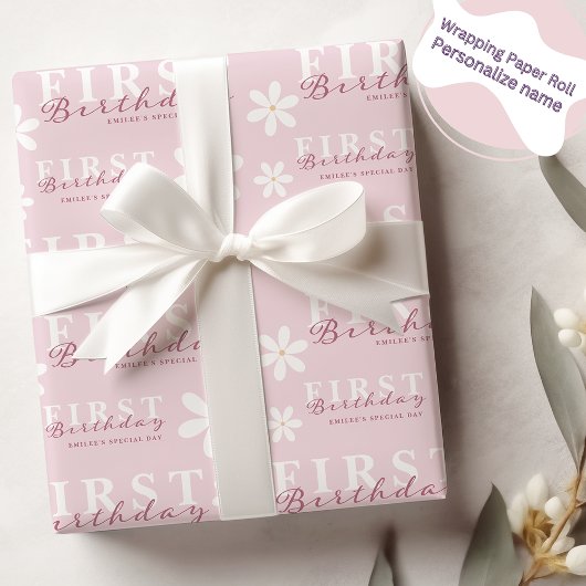Daisy Eerste Verjaardag Roze Thema Feest Cadeaupapier