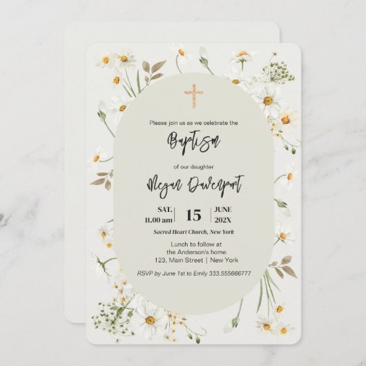 Daisy elegant Floral Boho Baptism Invitation Kaart (Voorkant / Achterkant)