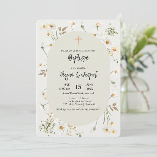 Daisy elegant Floral Boho Baptism Invitation Kaart (Staand voorkant)