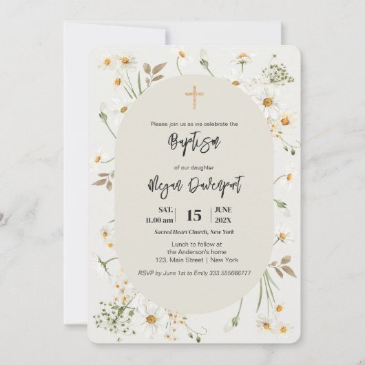 Daisy elegant Floral Boho Baptism Invitation Kaart (Voorkant)