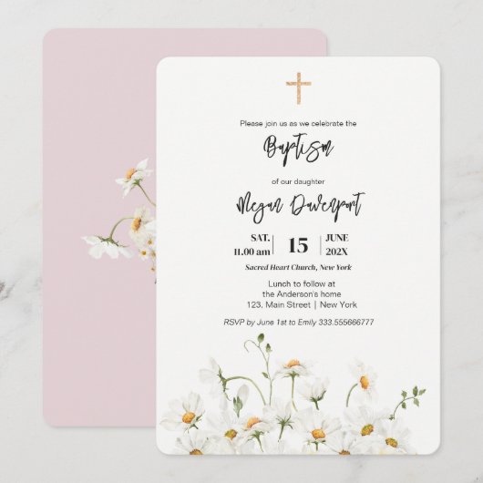 Daisy elegant Girl Baptism Invitation Kaart (Voorkant / Achterkant)