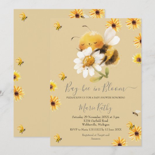 Daisy en Bee Baby in Bloom Invitation Kaart (Voorkant / Achterkant)